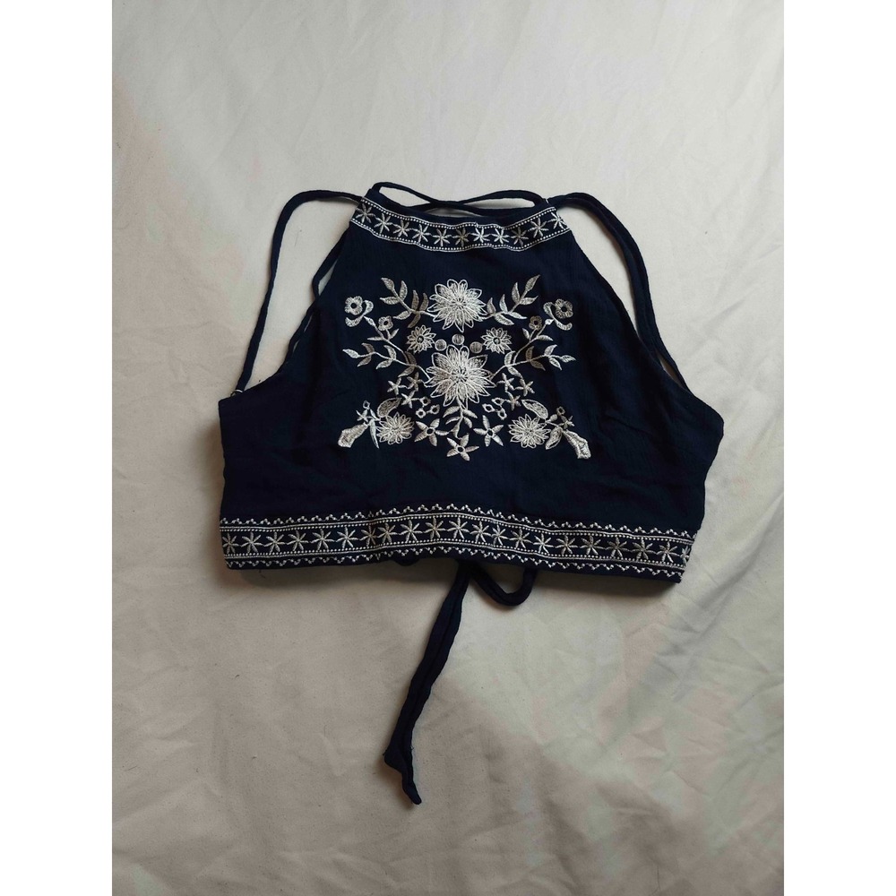 Papaya Halter Crop Top Womens M Navy Blue Embroidered Boho Floral Festival Cami